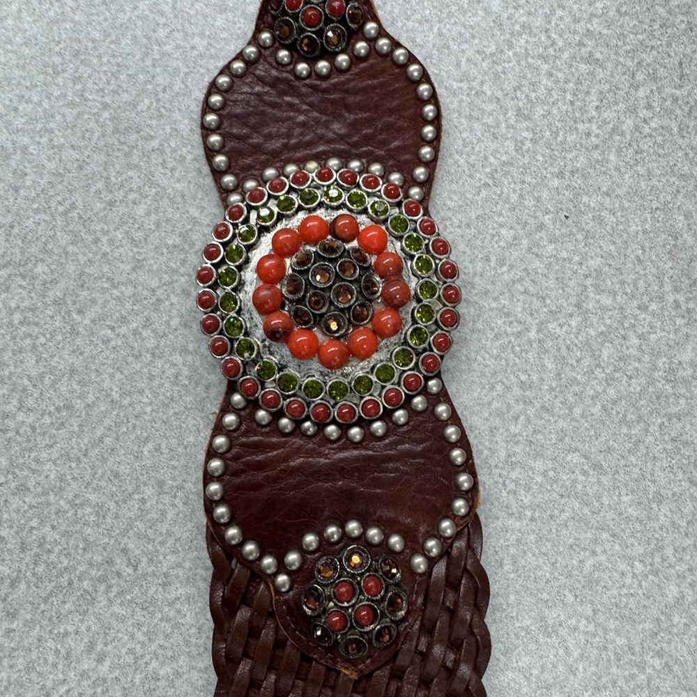Brown Leather Belt with Red and Green Beads